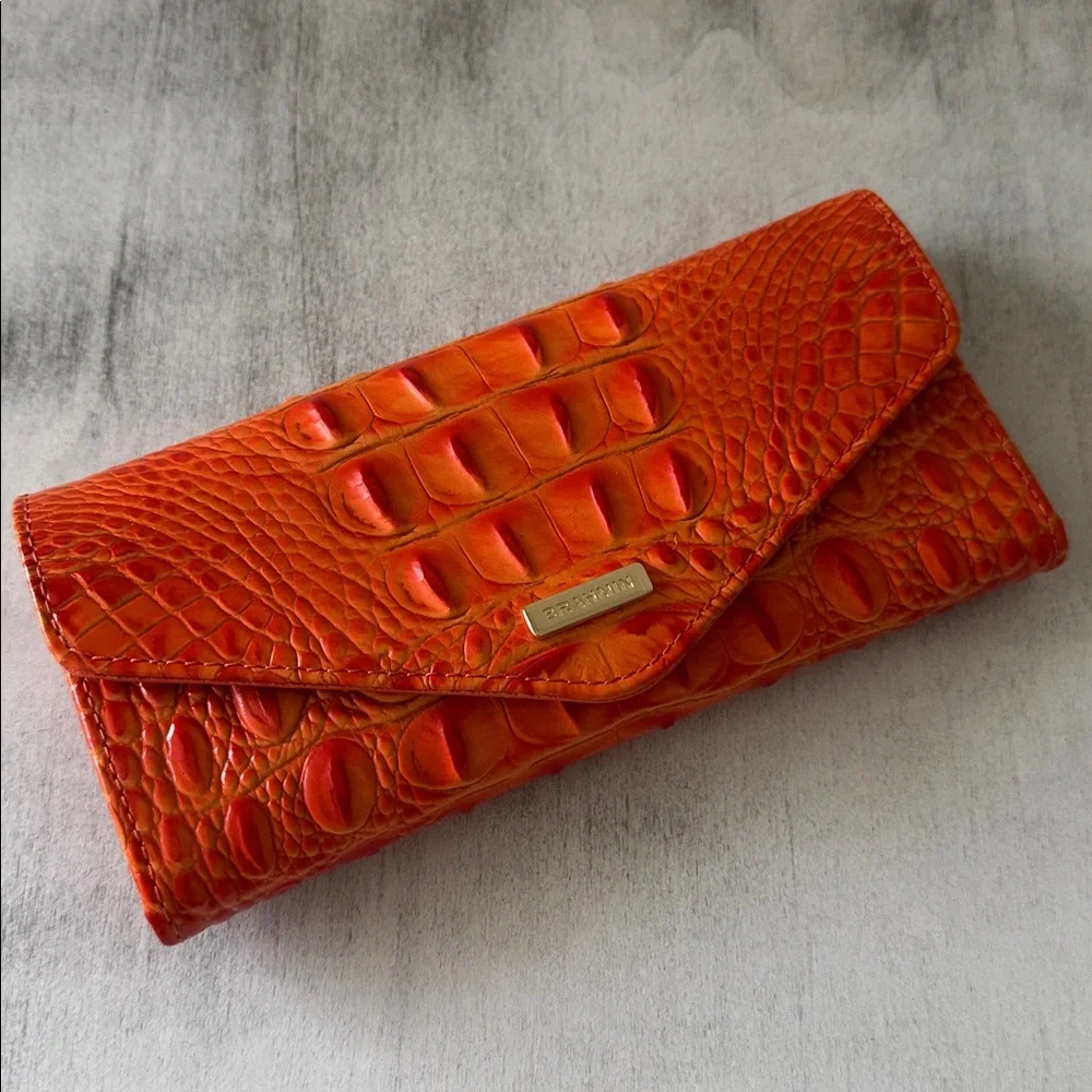 Brahmin Veronica Mandarin Orange Melbourne Gen Lth Envelope Wallet Croc Embosse